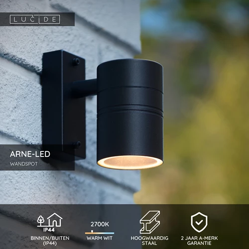 Lucide ARNE-LED - Wandspot / Wandlamp Binnen/Buiten - Ø 6,3 cm - LED - GU10 - 1x5W 2700K - IP44 - Zwart - USP